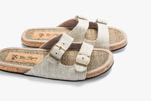 Load image into Gallery viewer, Pair of beige sandals with cork soles on a white background
