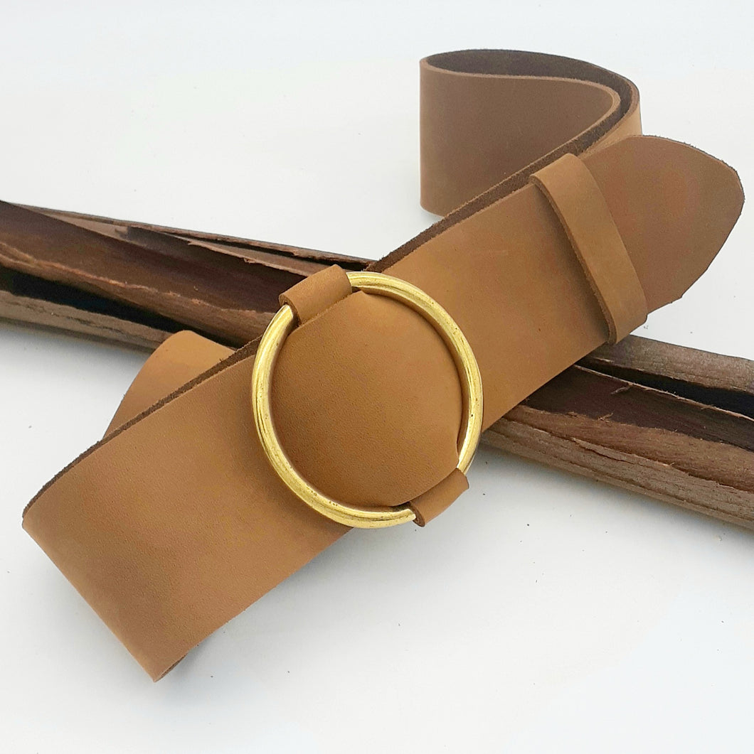 Brass Ring Buckle Tan Belt